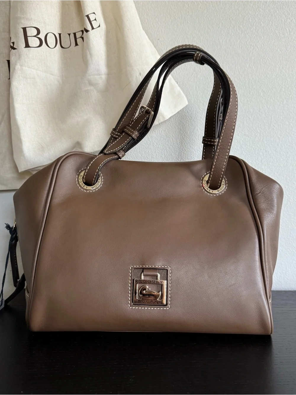 Dooney & Bourke Nubuck Leather Zip Grommet Satchel Bag Mushroom Minimalist